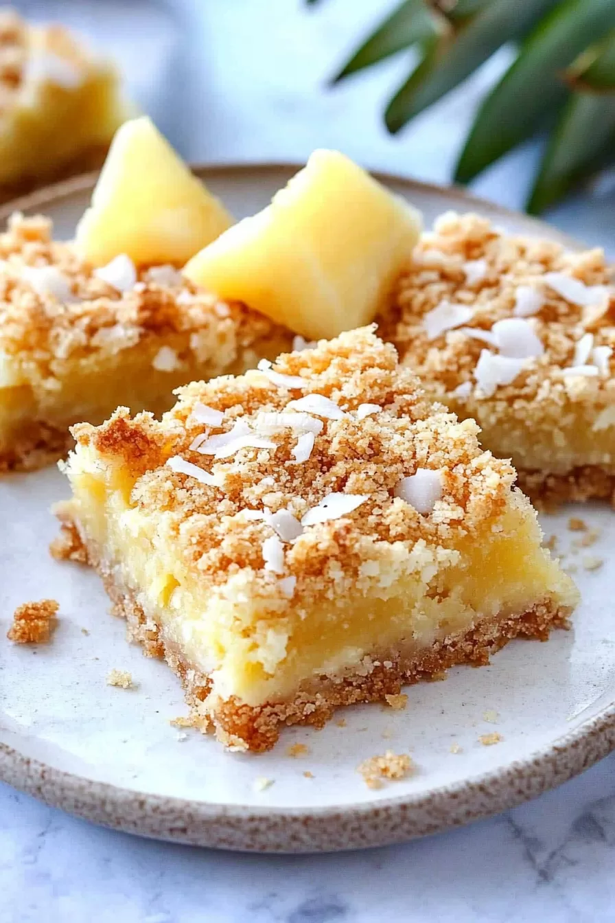 A serving of pineapple bars on a rustic plate, paired with chunks of fresh pineapple in the background.