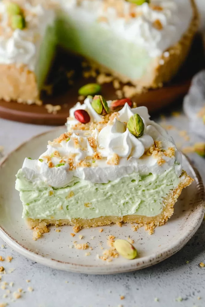 A partially sliced pistachio pie, revealing its creamy texture and decorative toppings of whipped cream and cherries.