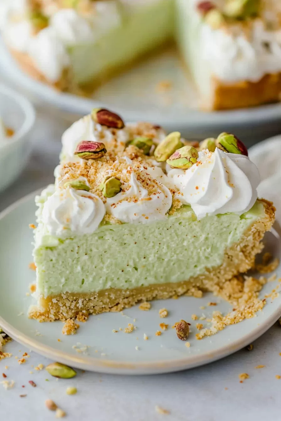 A close-up of a creamy pistachio pie slice topped with whipped cream, crushed pistachios, and a light graham cracker crust.