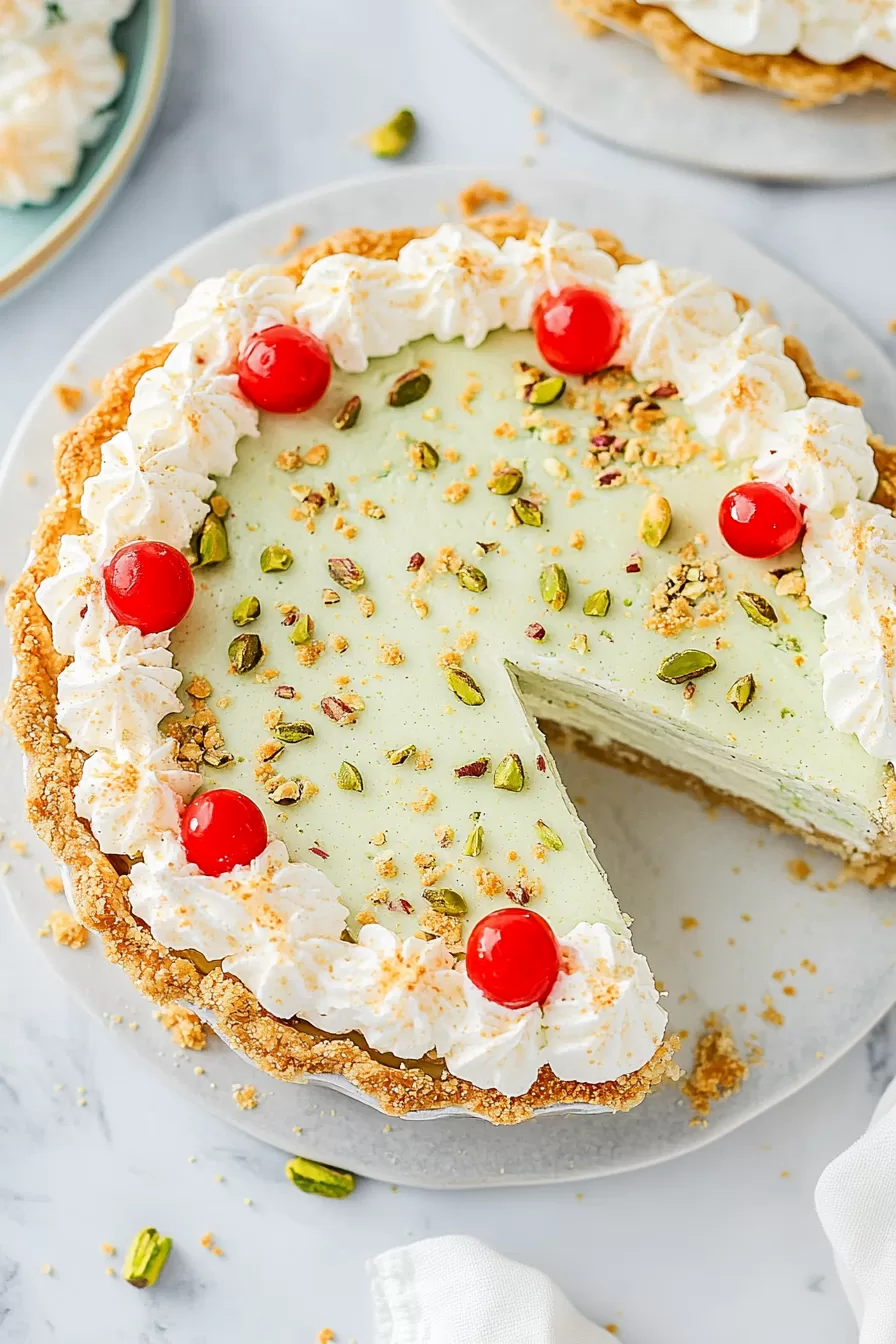 A whole pistachio pie garnished with bright red cherries, piped whipped cream, and sprinkled with crushed nuts.