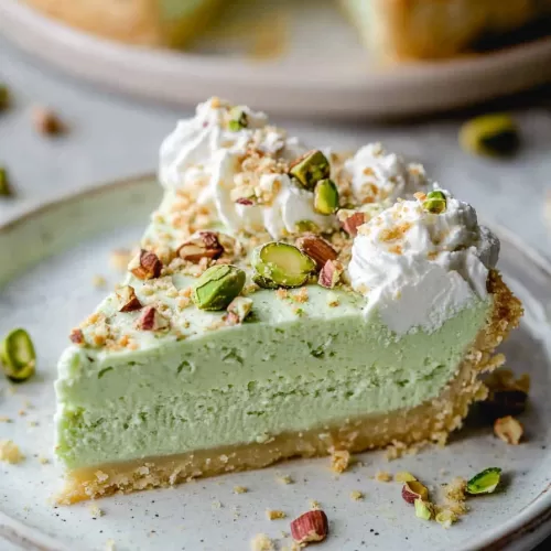 A vibrant slice of pistachio pie served on a plate, showcasing its smooth green filling and crumbly crust.