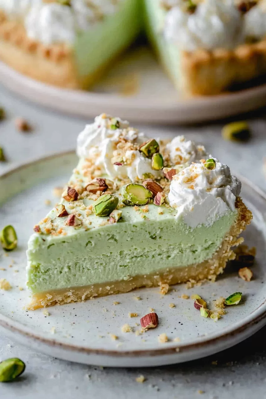 A vibrant slice of pistachio pie served on a plate, showcasing its smooth green filling and crumbly crust.