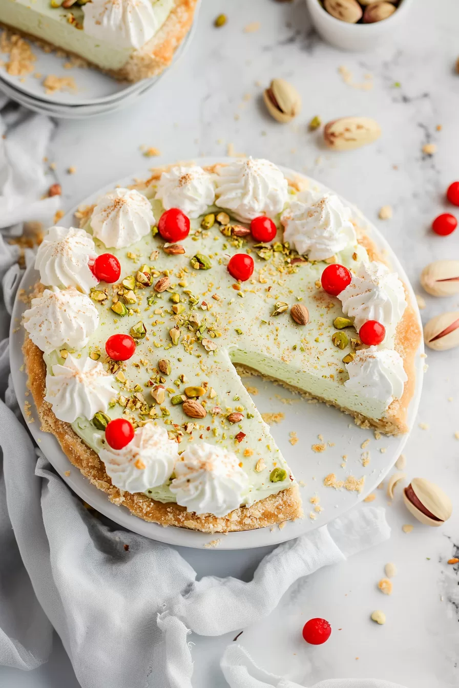 An elegant pistachio pie on a white platter, surrounded by crushed pistachios and crumbs for a festive presentation.