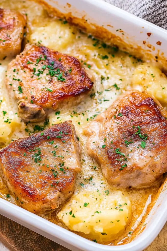 Close-up of a tender pork chop served on a plate with a side of rich, cheesy scalloped potatoes sprinkled with herbs.