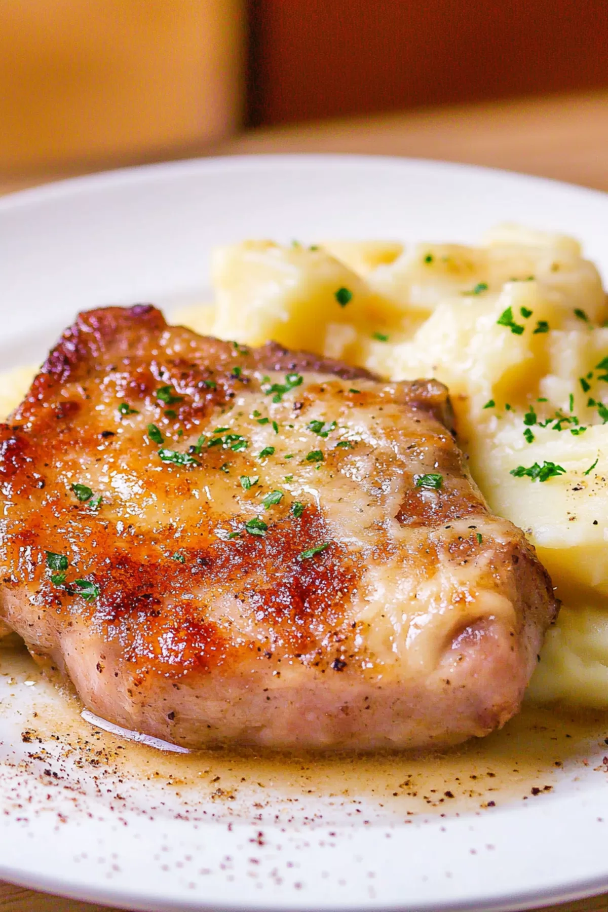 Golden-brown pork chops resting atop creamy scalloped potatoes, garnished with fresh parsley in a white plate.