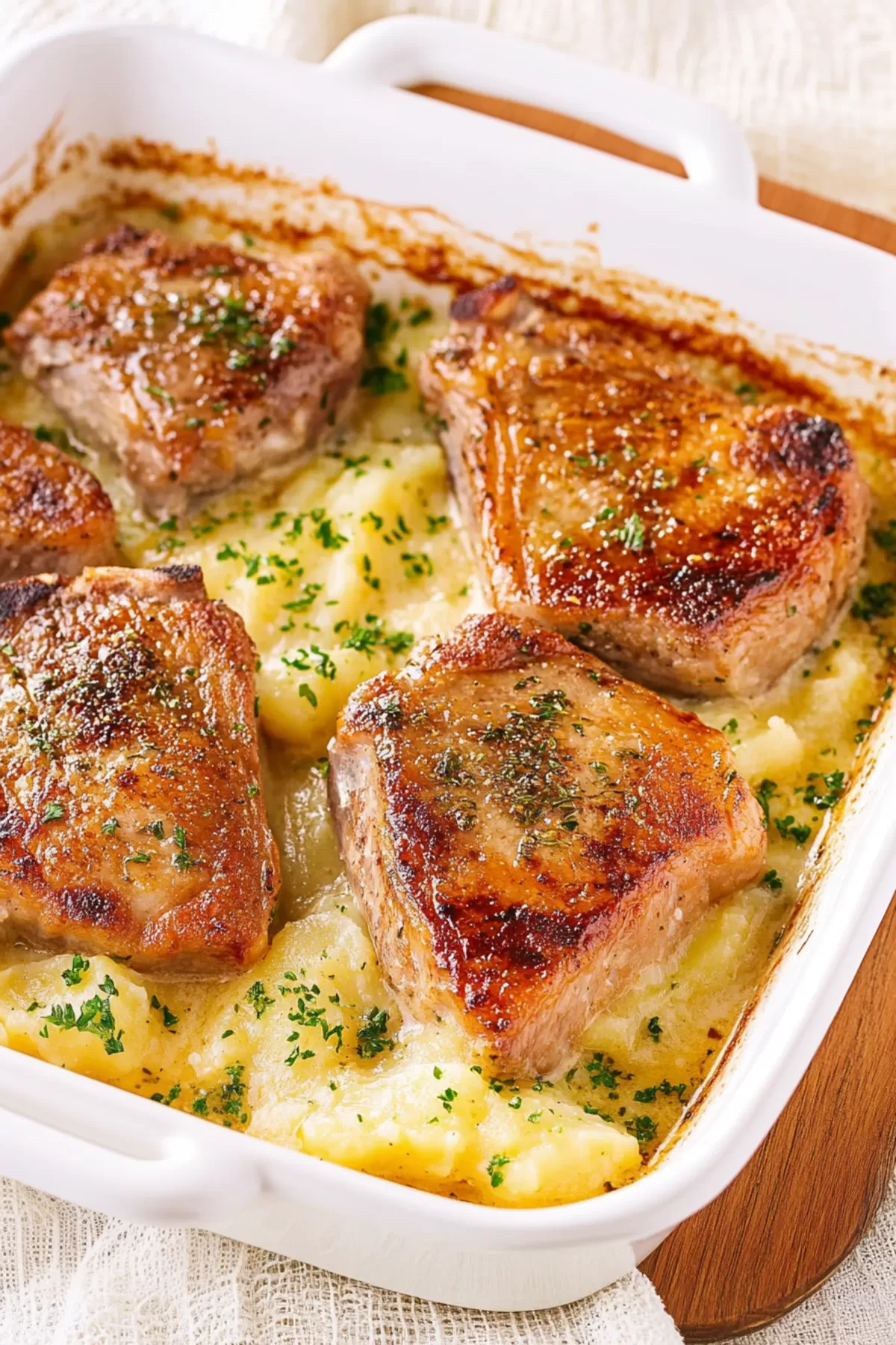 A baking dish filled with perfectly seared pork chops and scalloped potatoes, baked to golden perfection.