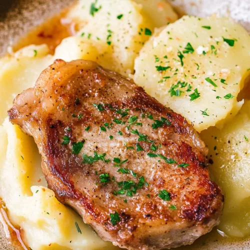 A rustic plate featuring a juicy pork chop alongside creamy potato slices, garnished with cracked pepper and parsley.