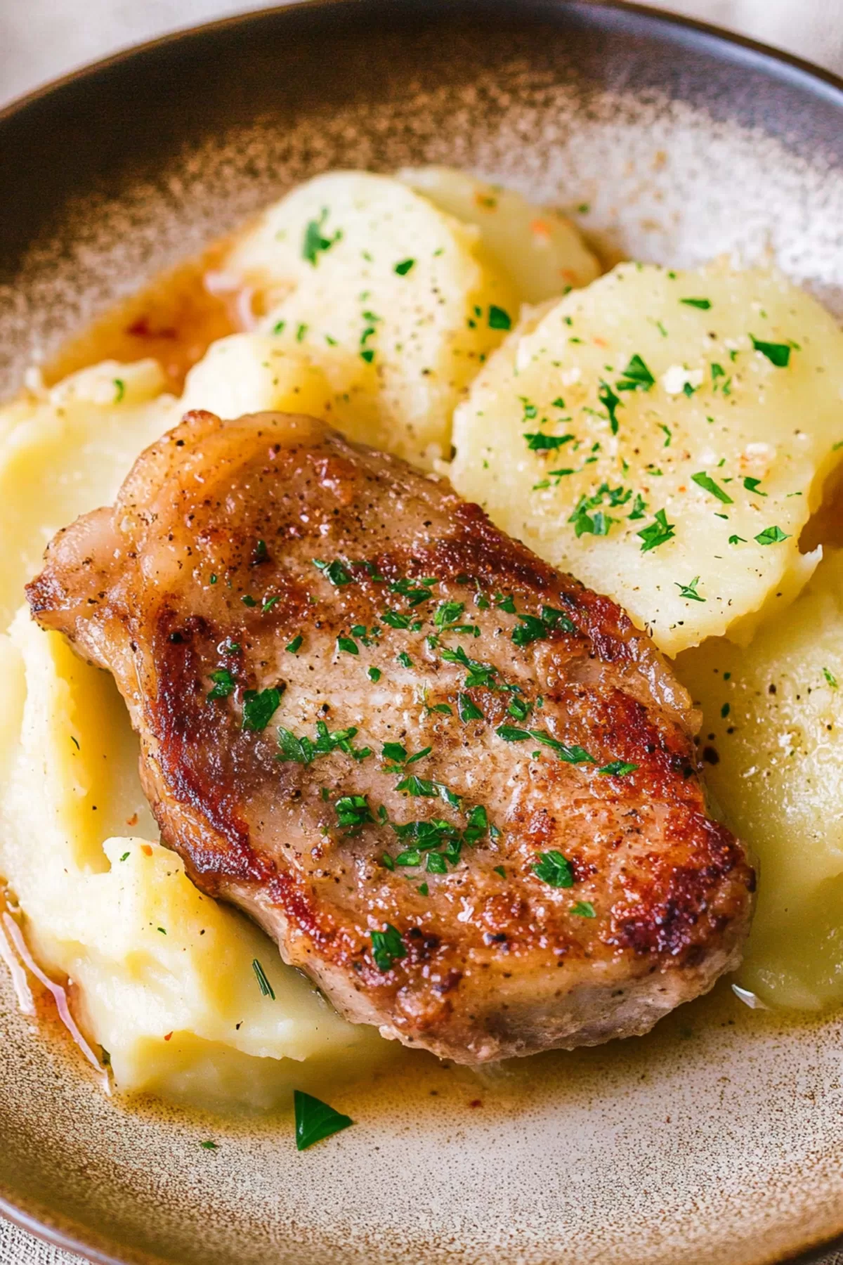 A rustic plate featuring a juicy pork chop alongside creamy potato slices, garnished with cracked pepper and parsley.