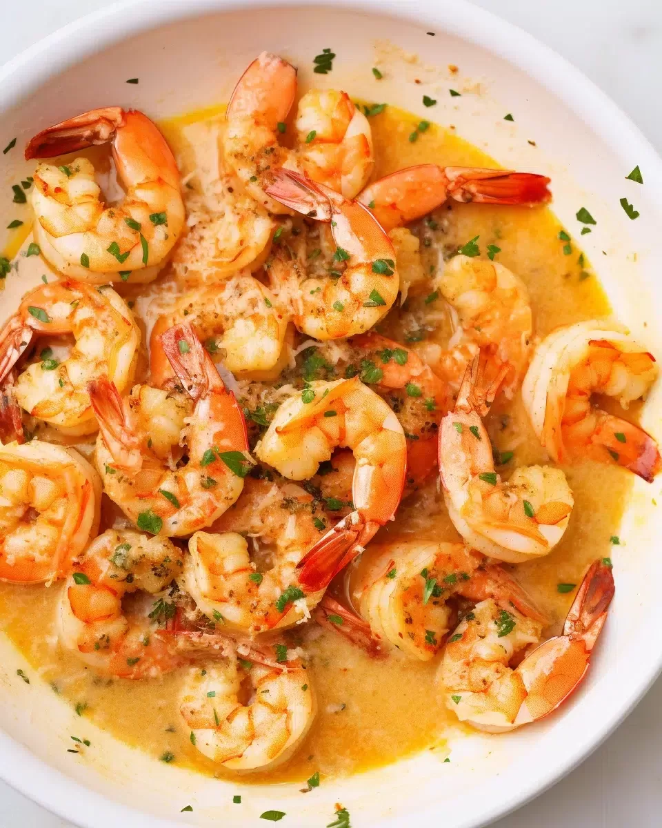 Close-up of shrimp scampi topped with fresh parsley and Parmesan cheese