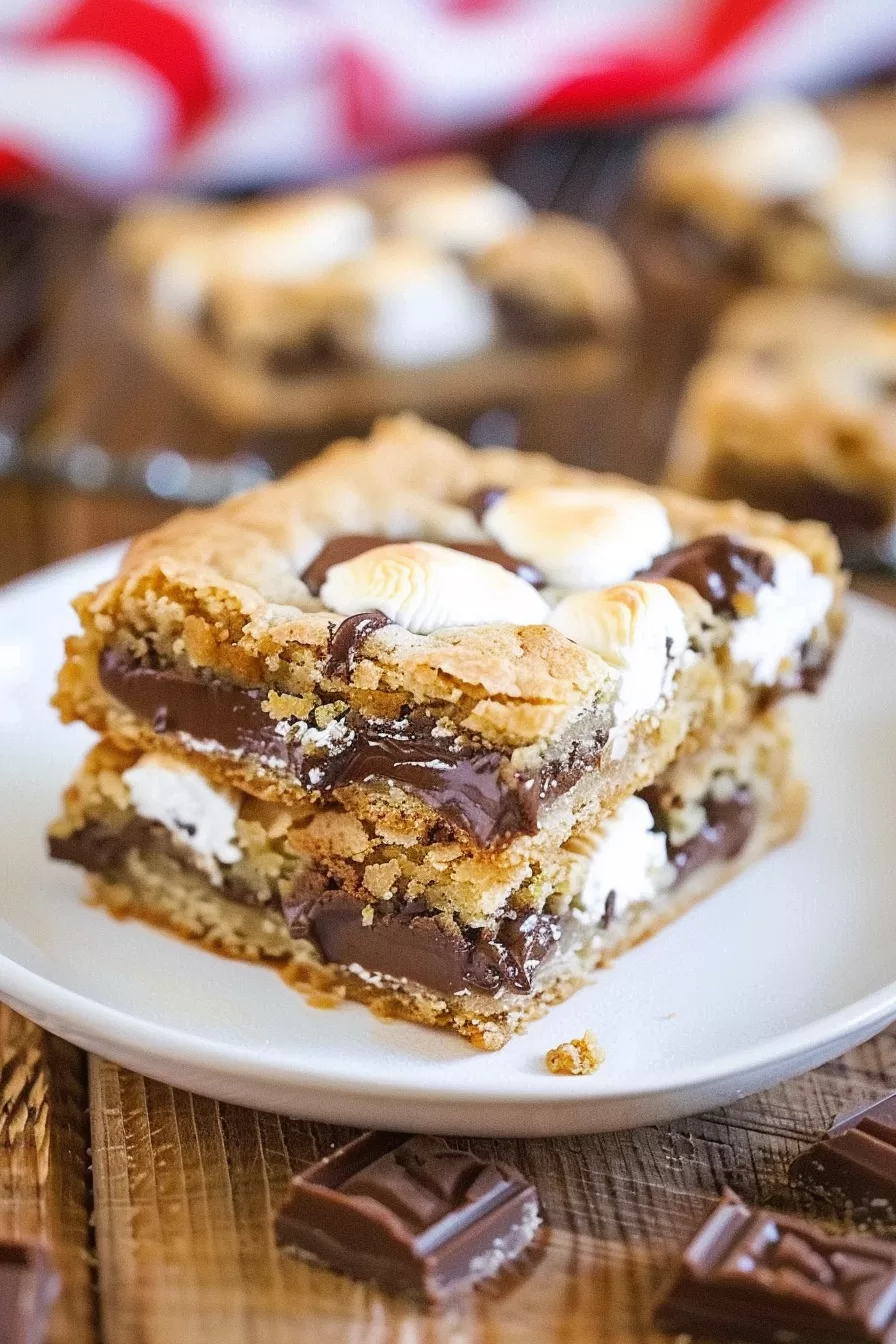 A plate showcasing two stacked S'mores cookie bars with melted chocolate and golden marshmallow accents.