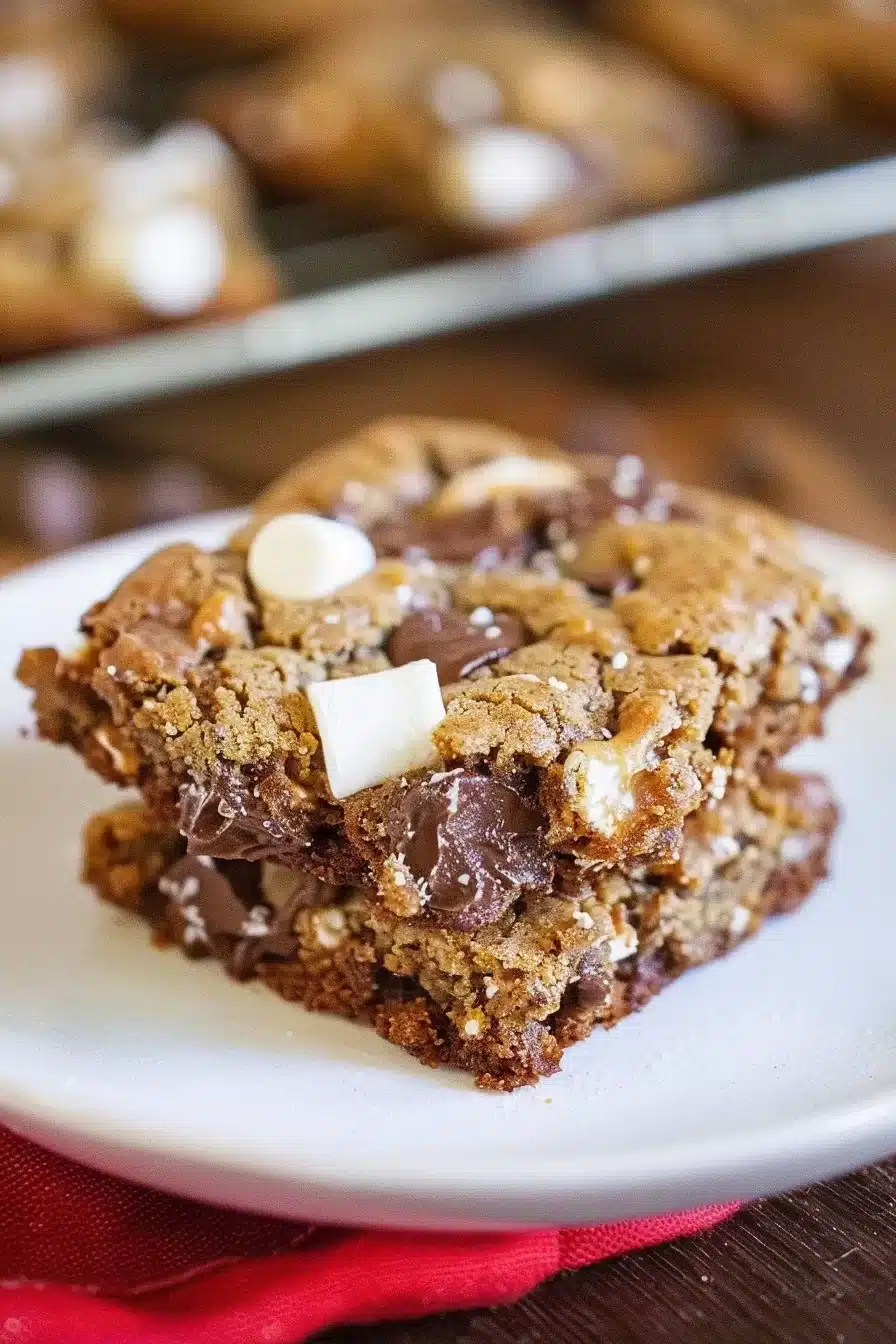 A close-up of a gooey S'mores cookie bar layered with melted chocolate and toasted marshmallows, perfect for a sweet indulgence.