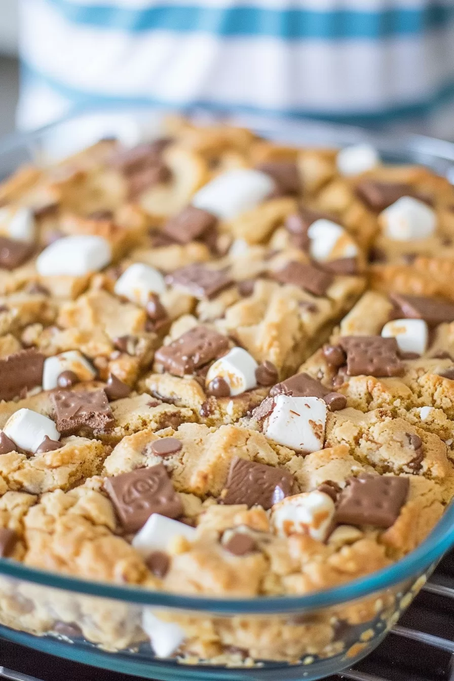 A baking dish filled with freshly baked S'mores cookie bars, topped with chunks of chocolate and marshmallows.