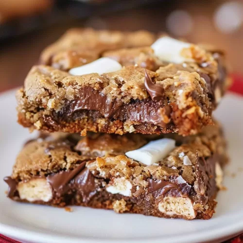 A batch of sliced S'mores cookie bars, highlighting their gooey marshmallow and chocolate layers.