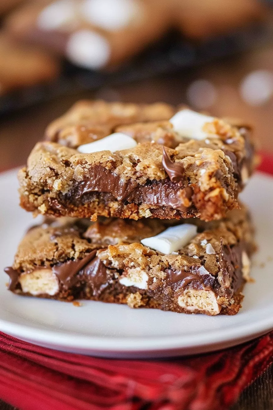 A batch of sliced S'mores cookie bars, highlighting their gooey marshmallow and chocolate layers.