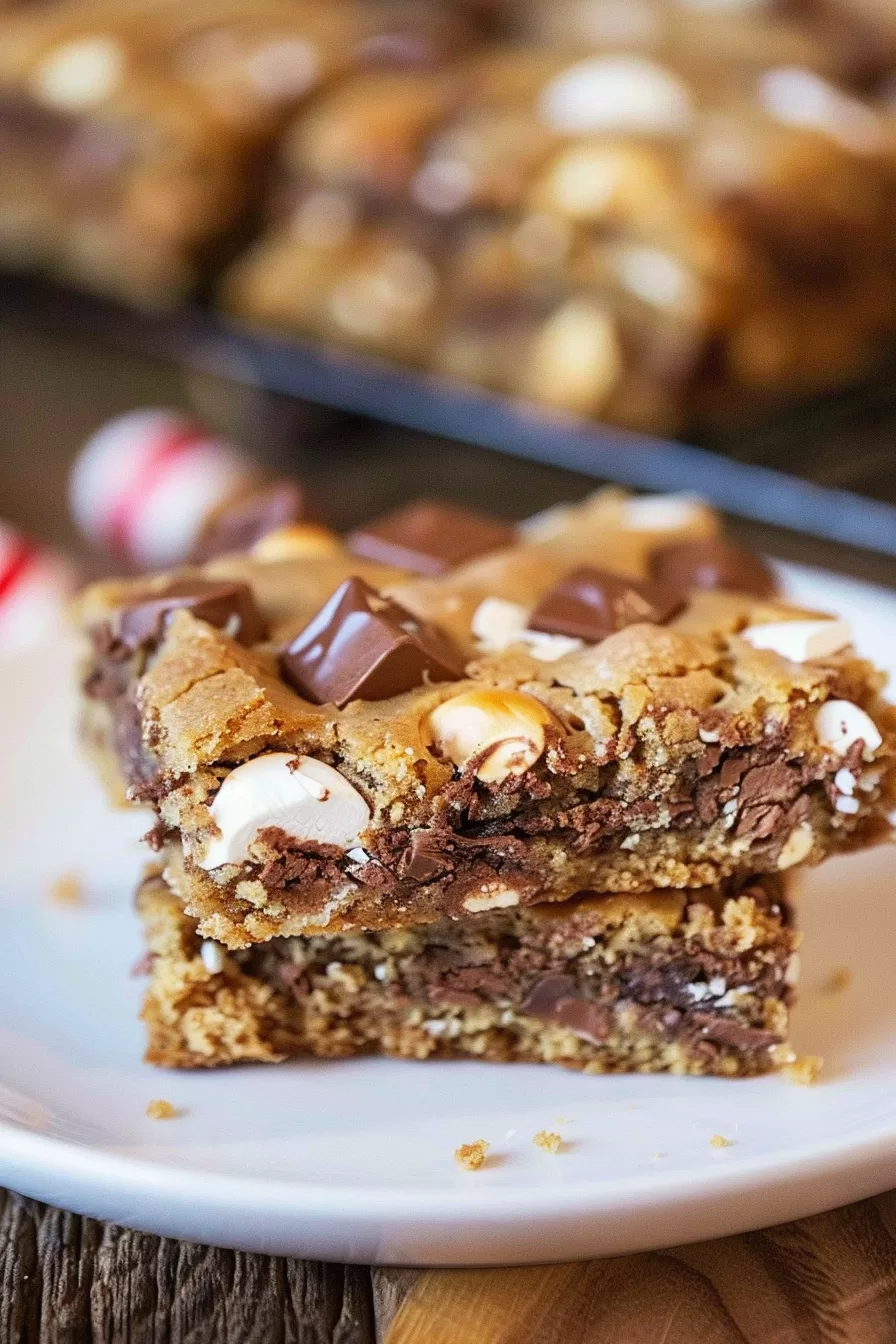 A single S'mores cookie bar on a plate, with rich chocolate and marshmallow filling visible in every bite.