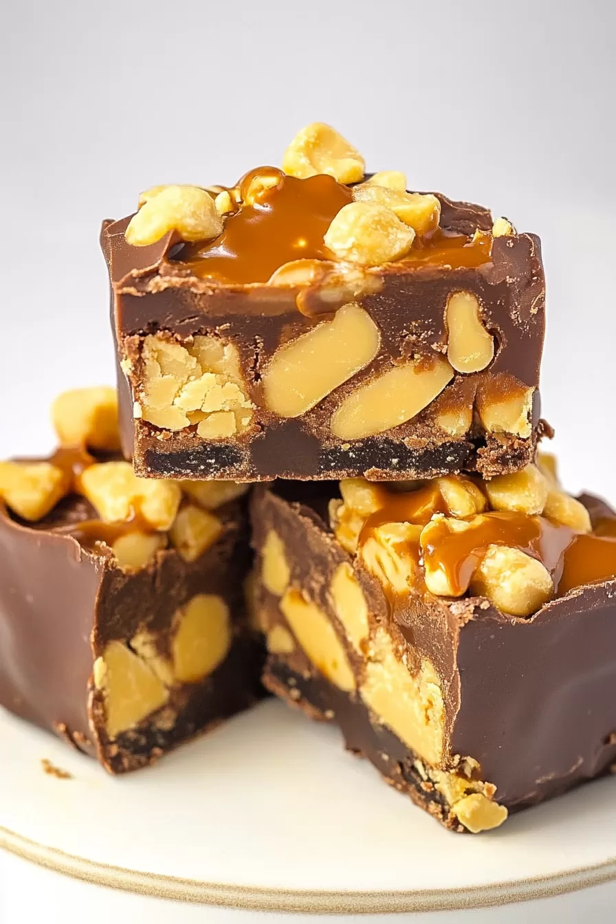 Close-up of rich chocolate fudge with layers of caramel, peanuts, and nougat.