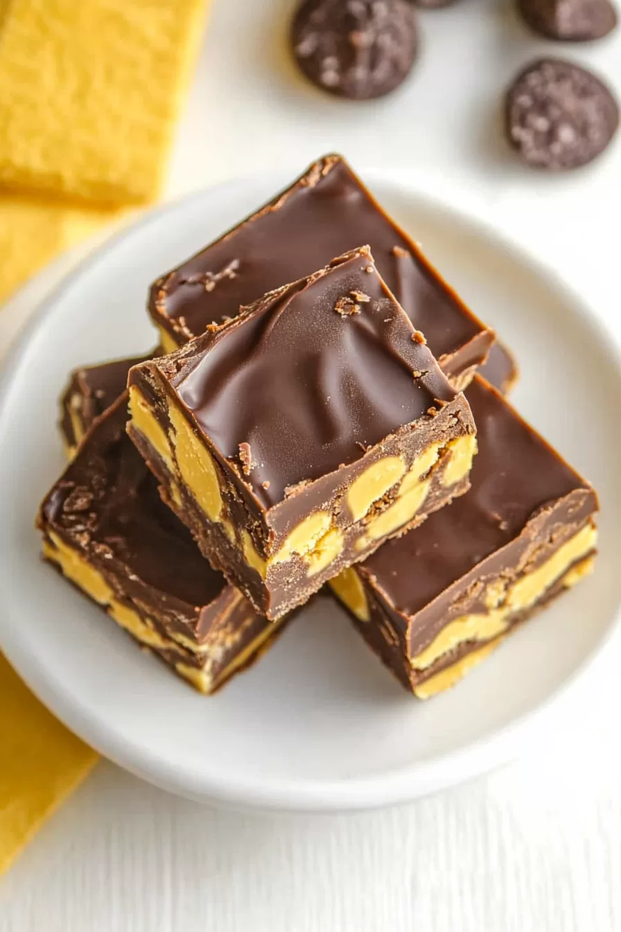 A plate of homemade fudge with caramel and peanuts glistening on top.