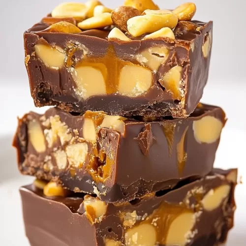 Stacked Snickers fudge pieces showcasing their creamy chocolate and crunchy peanut layers.