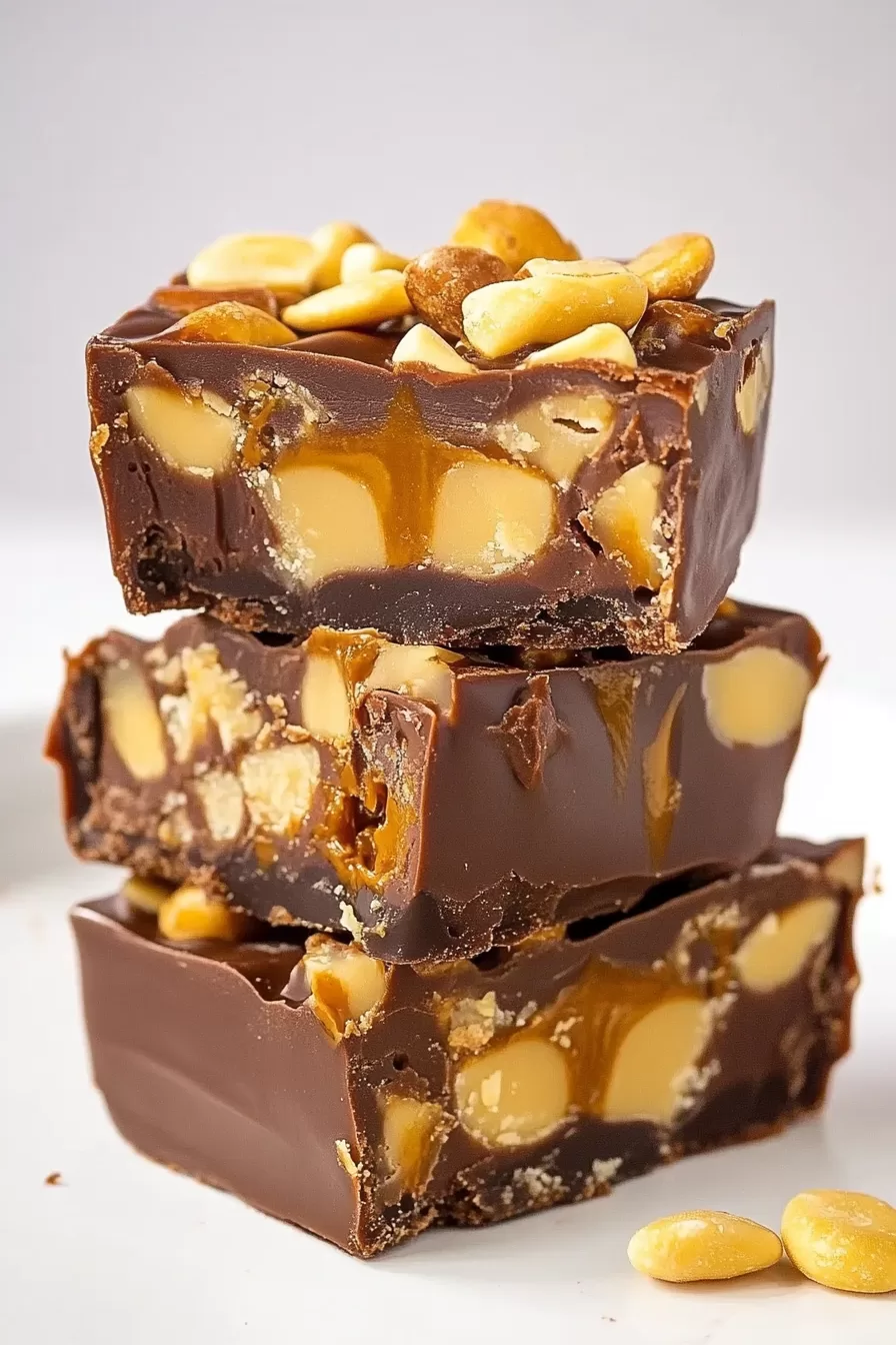 Stacked Snickers fudge pieces showcasing their creamy chocolate and crunchy peanut layers.