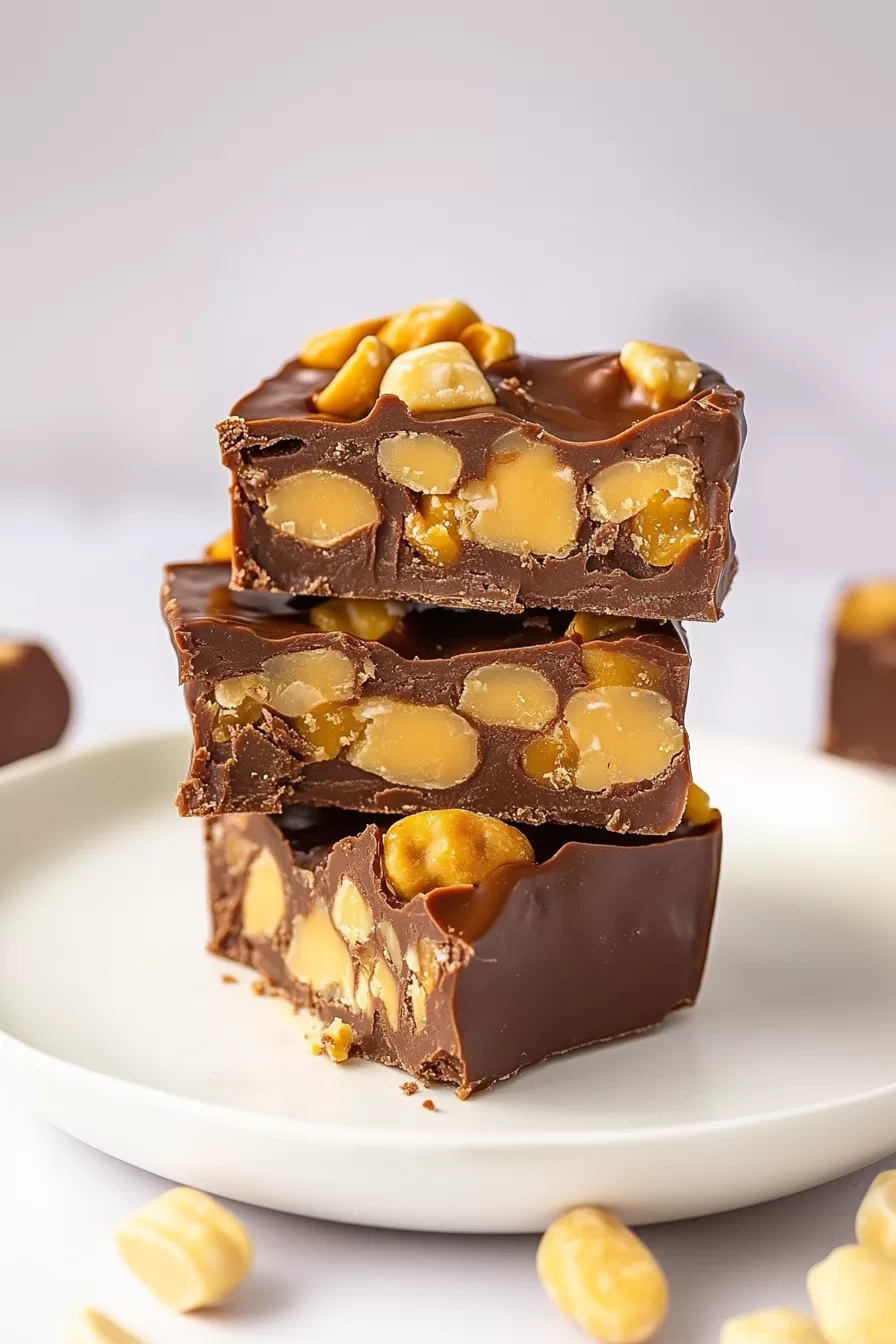 Thick, indulgent chocolate fudge bars topped with peanuts and a drizzle of caramel.