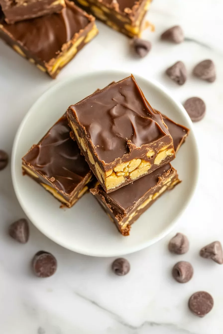 An overhead view of Snickers-inspired fudge pieces arranged on a marble plate.