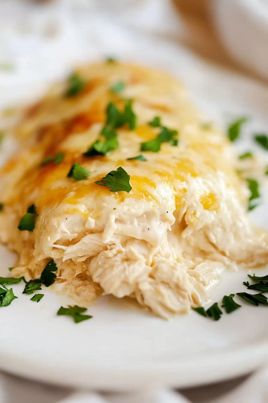 A close-up of creamy, cheesy sour cream chicken enchiladas garnished with fresh parsley on a white plate.