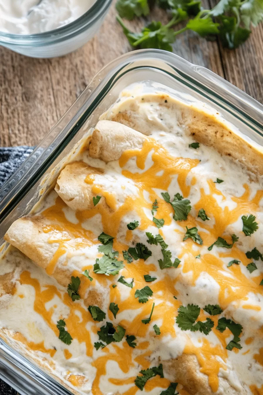 Golden baked chicken enchiladas topped with melted cheese and a sprinkle of fresh cilantro in a glass casserole dish.