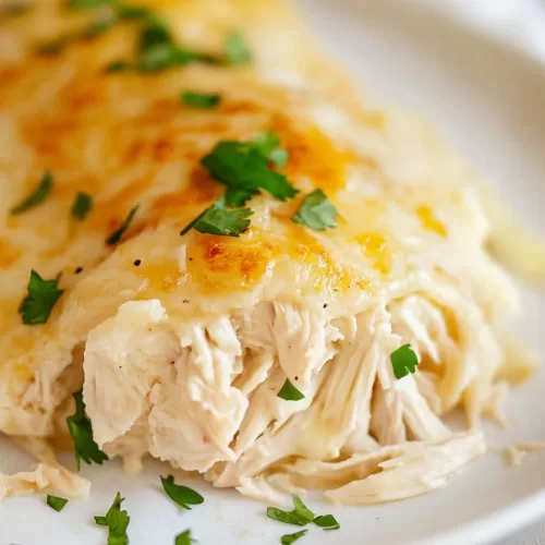 A top-down view of a baking dish filled with sour cream chicken enchiladas covered in gooey melted cheese and cilantro.