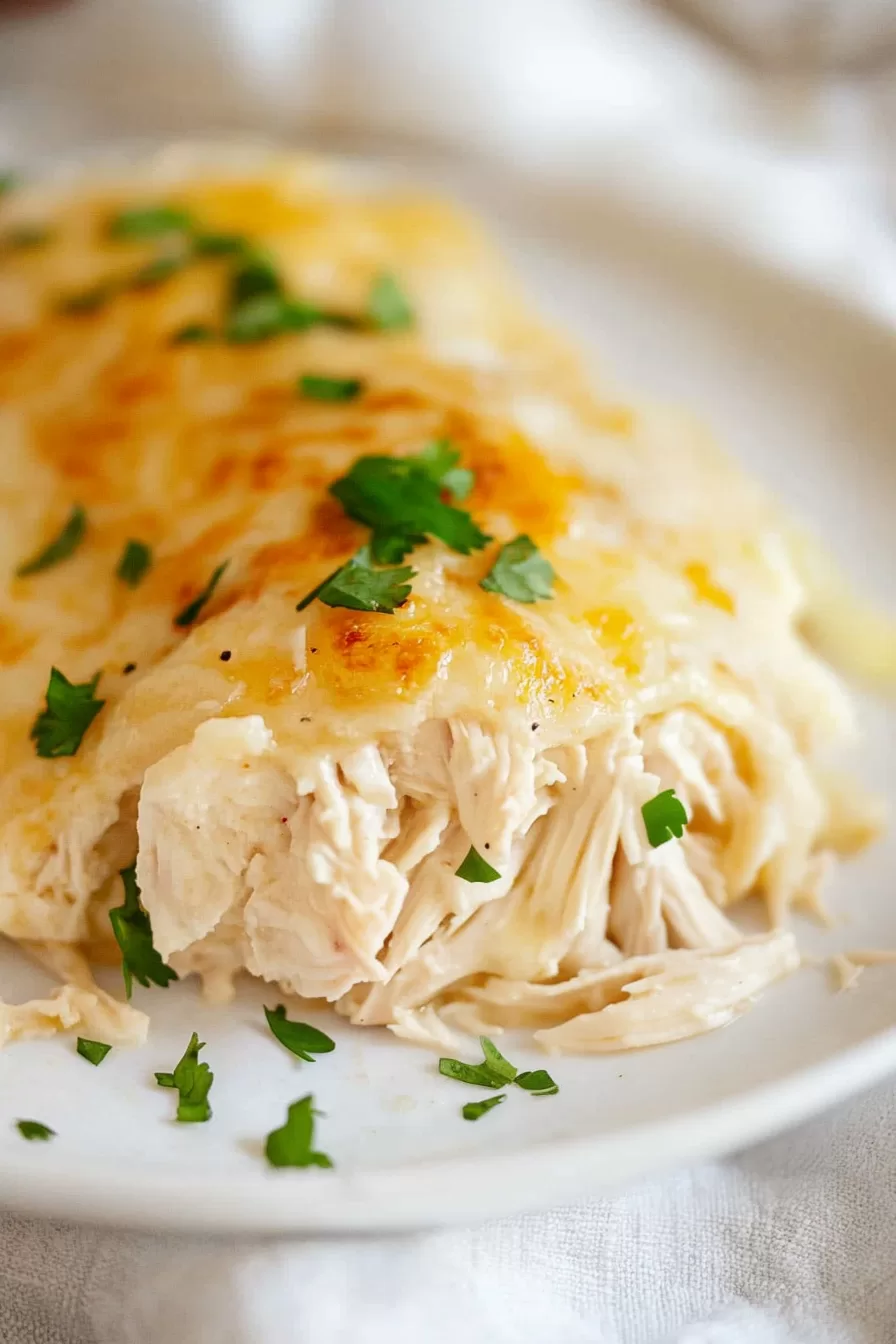 A top-down view of a baking dish filled with sour cream chicken enchiladas covered in gooey melted cheese and cilantro.