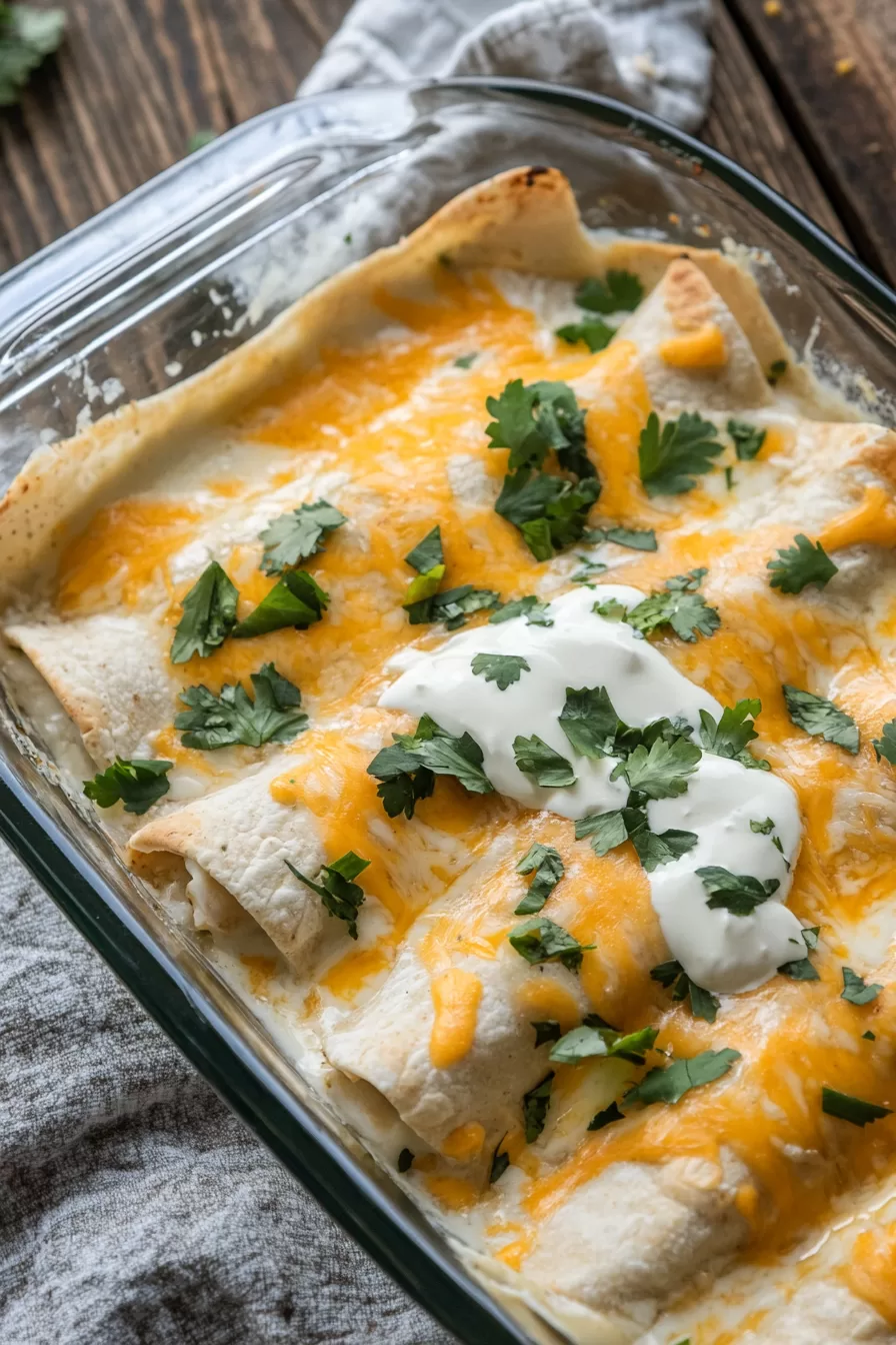 Overhead shot of a baked sour cream chicken enchilada casserole in a glass dish, with dollops of sour cream and fresh herbs.