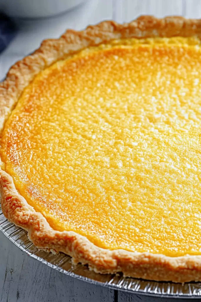 Close-up of a slice of Southern Buttermilk Pie, highlighting the silky texture and flaky crust.