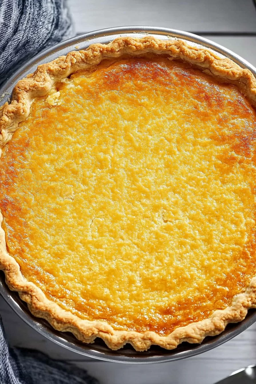 A golden and creamy Southern Buttermilk Pie with a perfectly baked crust, showcasing its classic simplicity.