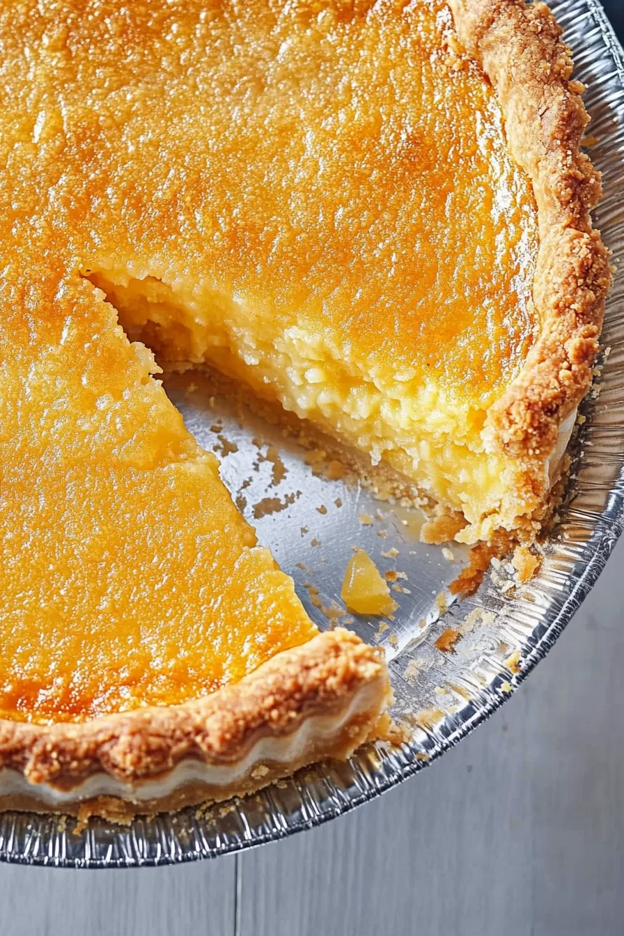 A partially sliced Southern Buttermilk Pie, revealing the smooth, custardy filling.