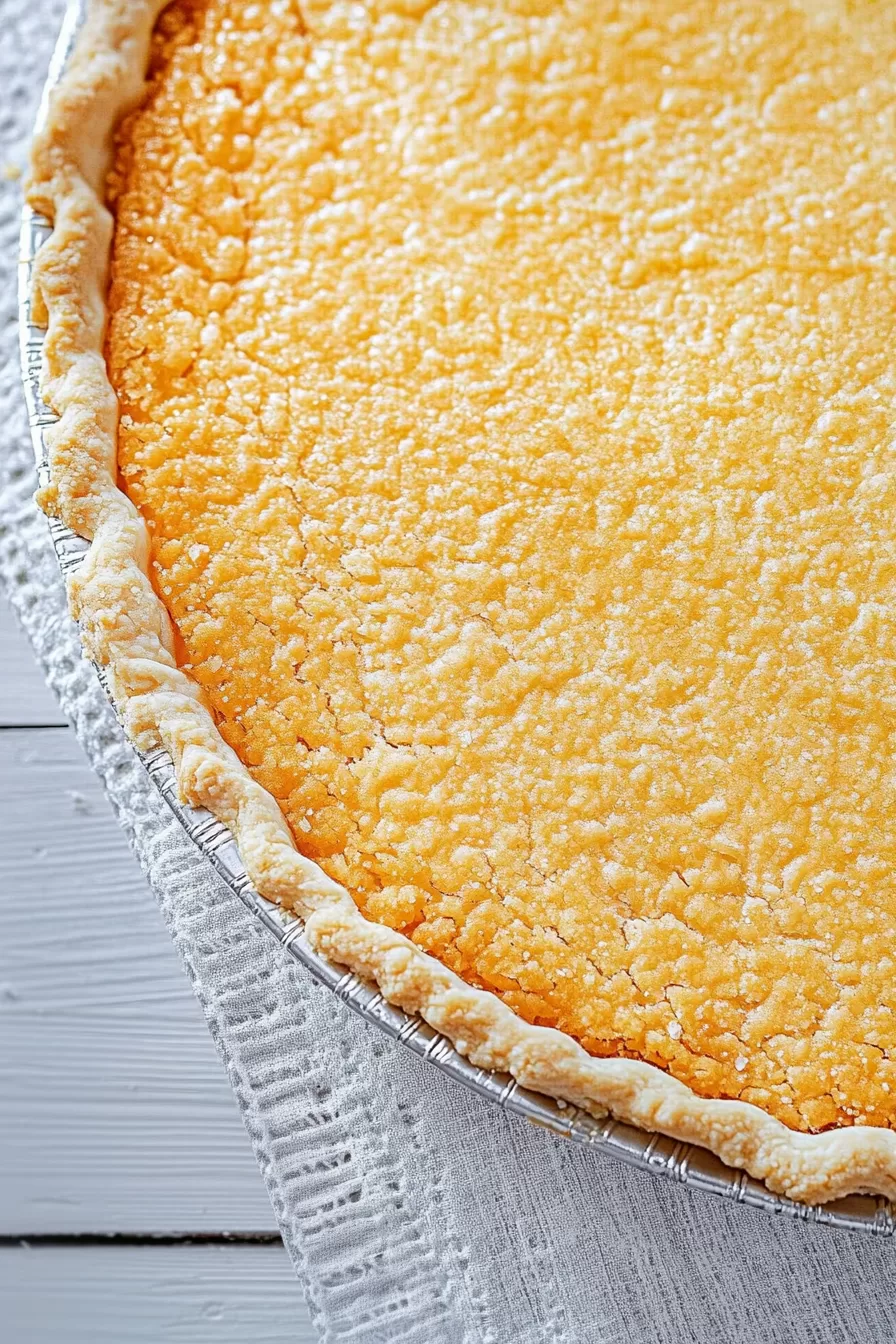 A whole Southern Buttermilk Pie on a serving plate, with its beautifully golden top glistening.