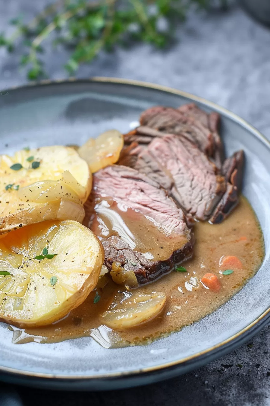 Sliced roast beef with a rich gravy served alongside roasted potatoes and carrots on a ceramic plate.