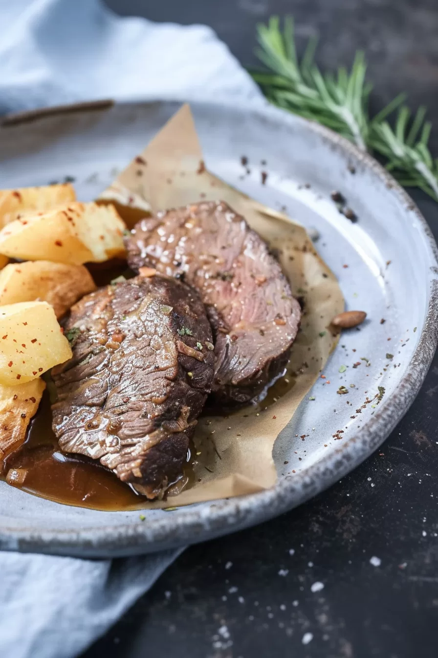 Close-up of tender roast beef topped with fresh thyme and paired with golden potato slices in a flavorful sauce.