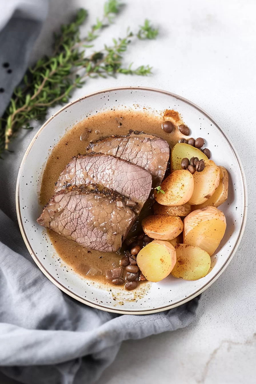 Juicy slices of roast beef resting in a thick, herb-infused gravy with perfectly roasted vegetables.