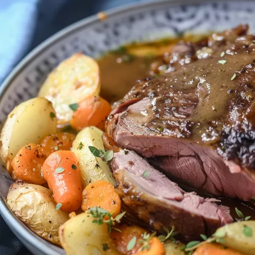 Hearty roast beef and potatoes plated with a savory gravy, garnished with herbs for a comforting presentation.