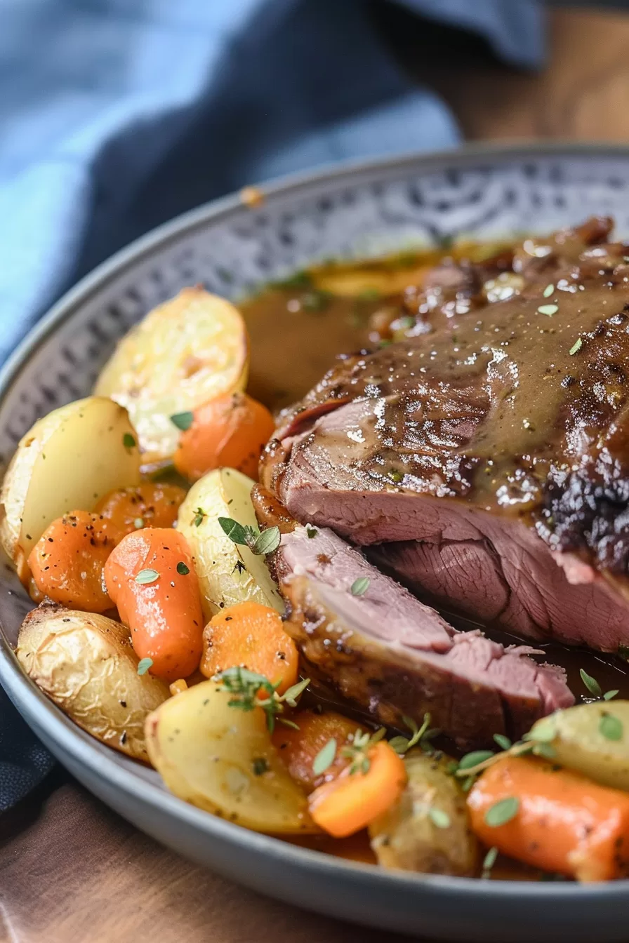 Hearty roast beef and potatoes plated with a savory gravy, garnished with herbs for a comforting presentation.