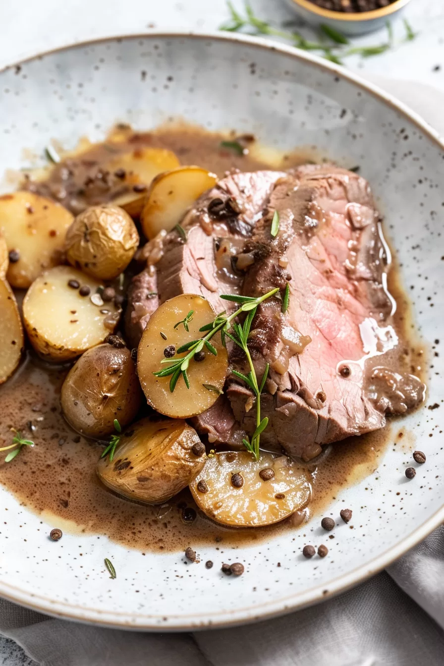 Elegant presentation of slow-cooked beef roast and potatoes, served with a drizzle of rich brown sauce.