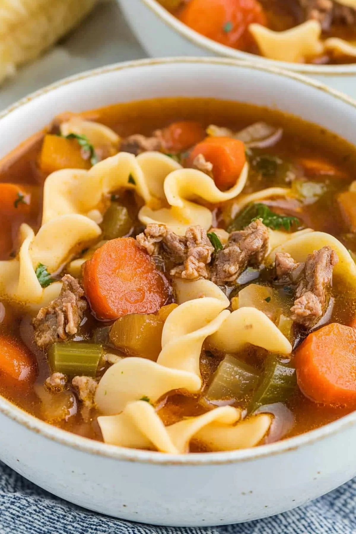 Close-up of a bowl of vegetable beef noodle soup, showcasing the vibrant carrots and celery with egg noodles.