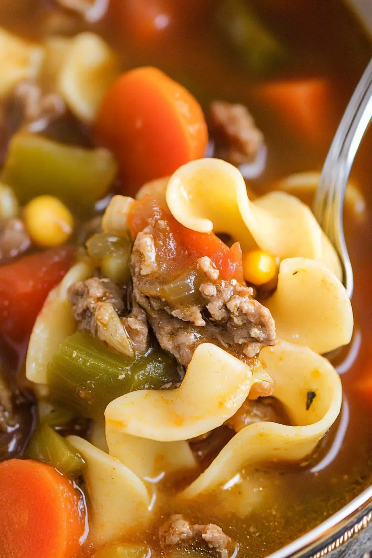 A spoonful of rich beef noodle soup loaded with fresh veggies and flavorful broth.