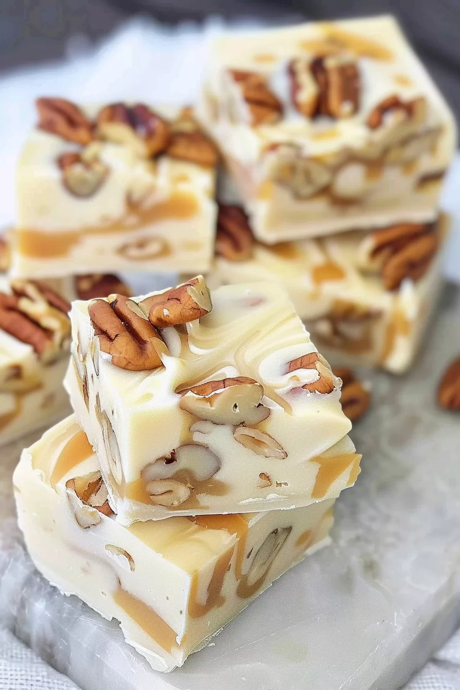 Close-up of creamy white chocolate fudge swirled with caramel and topped with crunchy pecans.