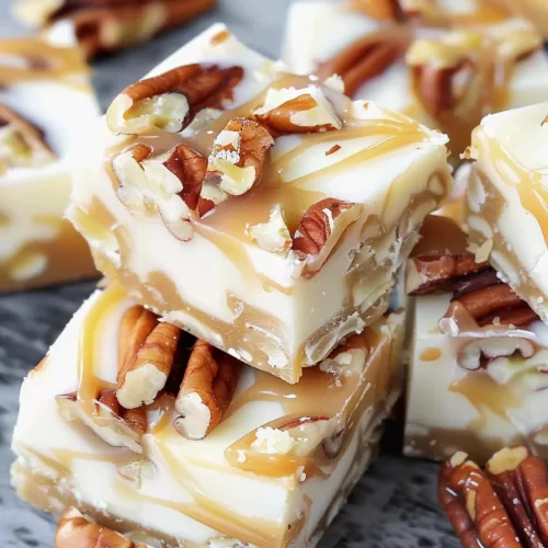 A stack of rich white chocolate fudge, accented with glossy caramel drizzle and fresh pecans.