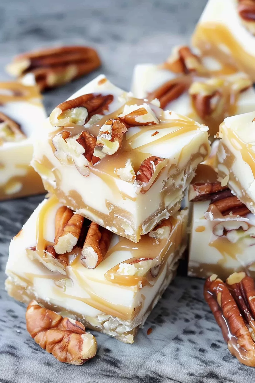 A stack of rich white chocolate fudge, accented with glossy caramel drizzle and fresh pecans.