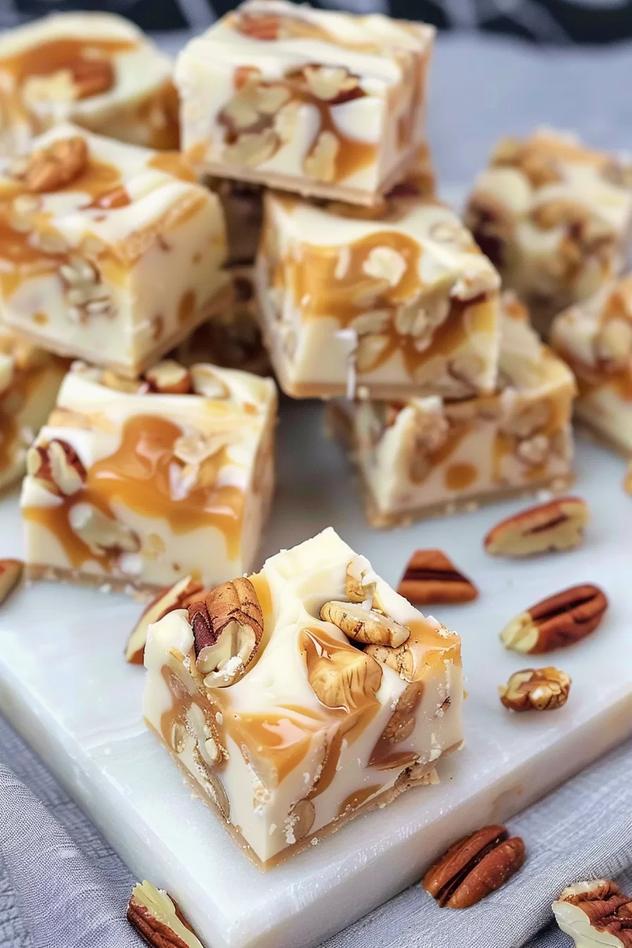 White chocolate pecan fudge cubes on a marble surface, highlighting their smooth, creamy texture.