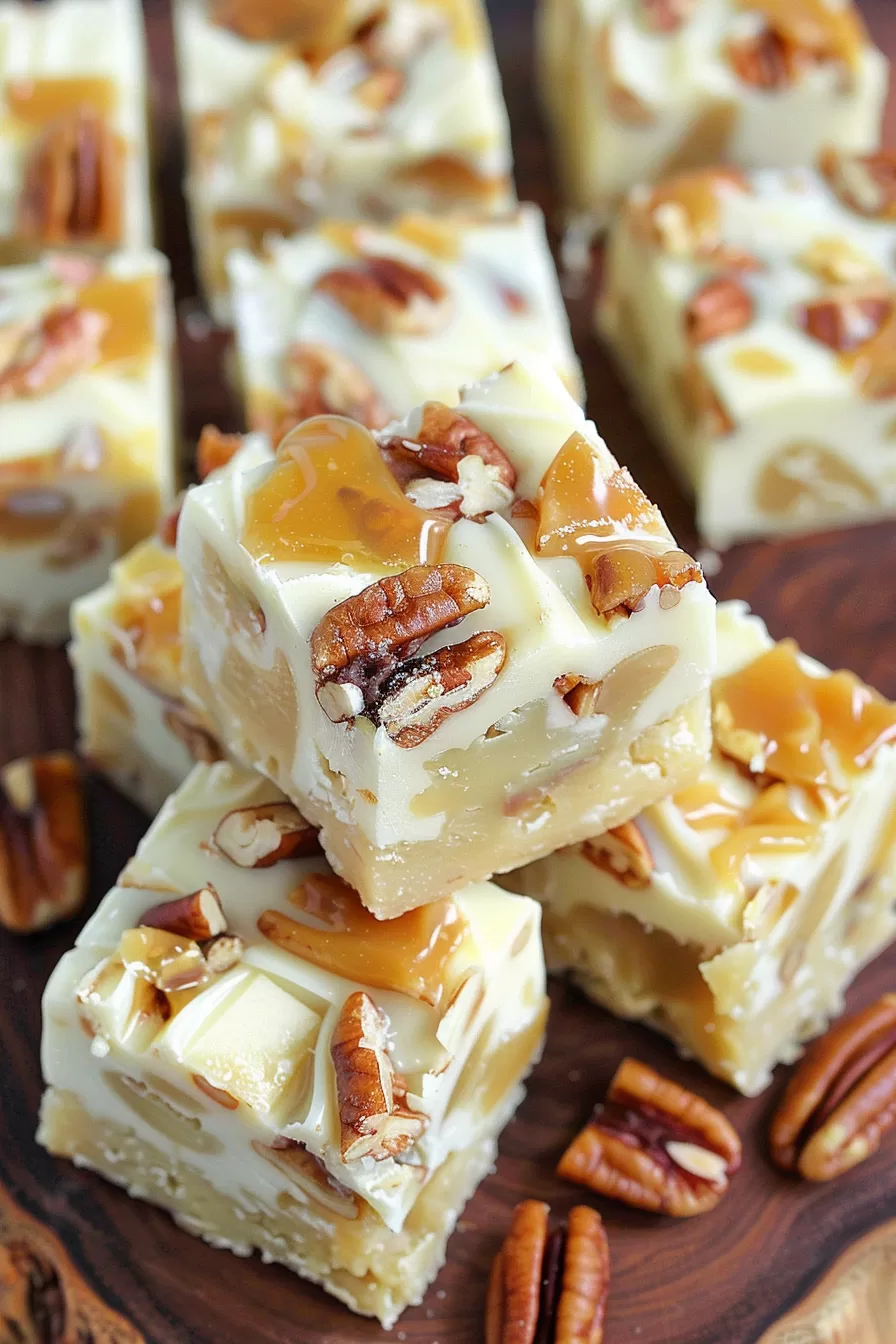 Elegant dessert display featuring caramel pecan fudge with a glossy finish and textured nut topping.