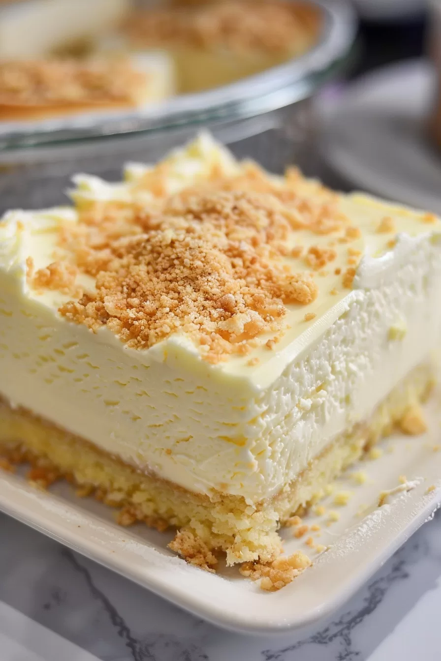 A close-up of a creamy cheesecake slice topped with a golden crumb layer, served on a white plate.