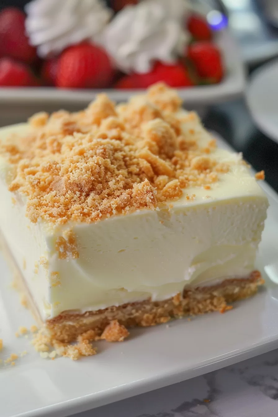 A slice of chilled cheesecake featuring a light, airy texture and a crunchy crumb topping.