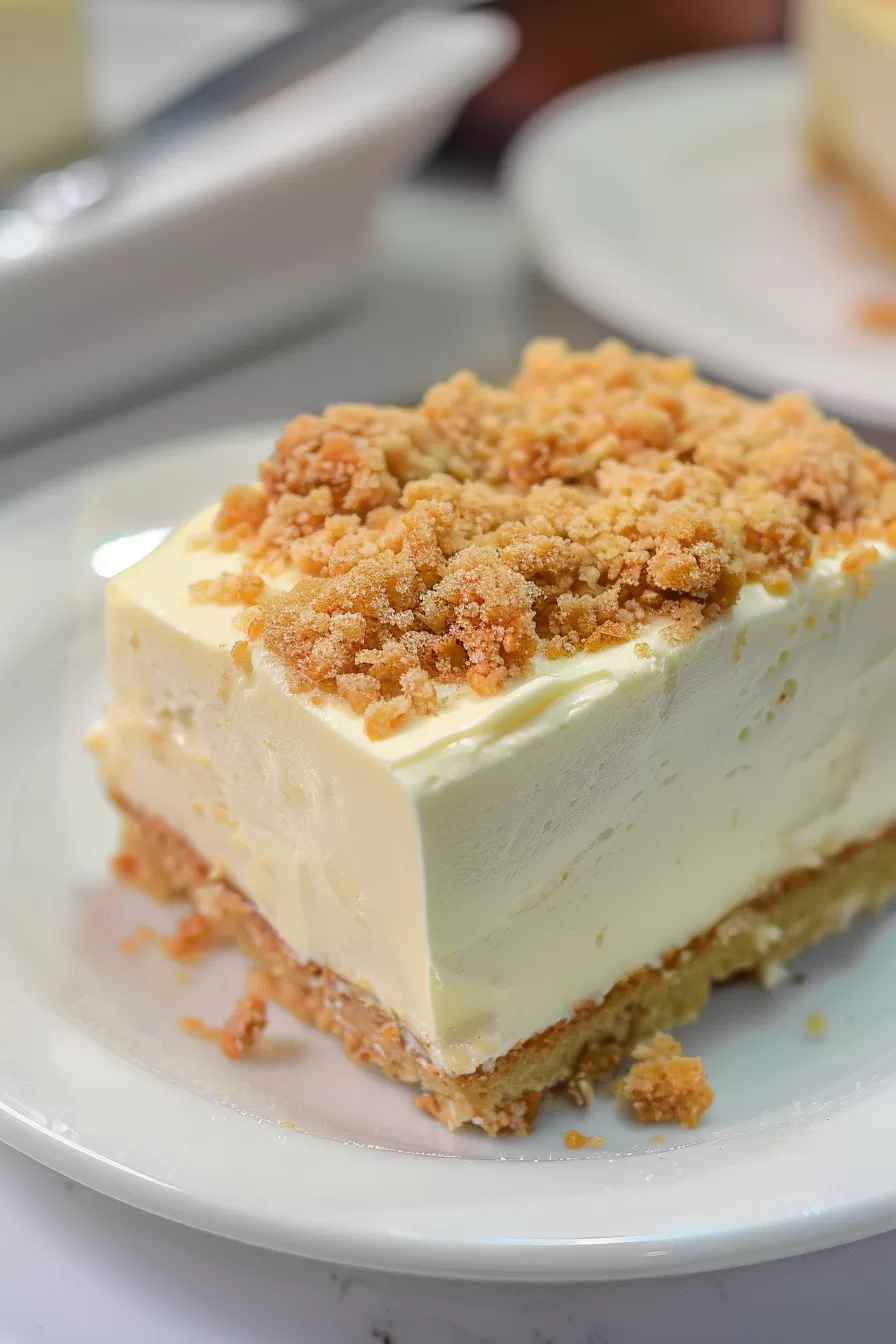 A mouthwatering view of a creamy cheesecake slice with a crumbled biscuit topping.